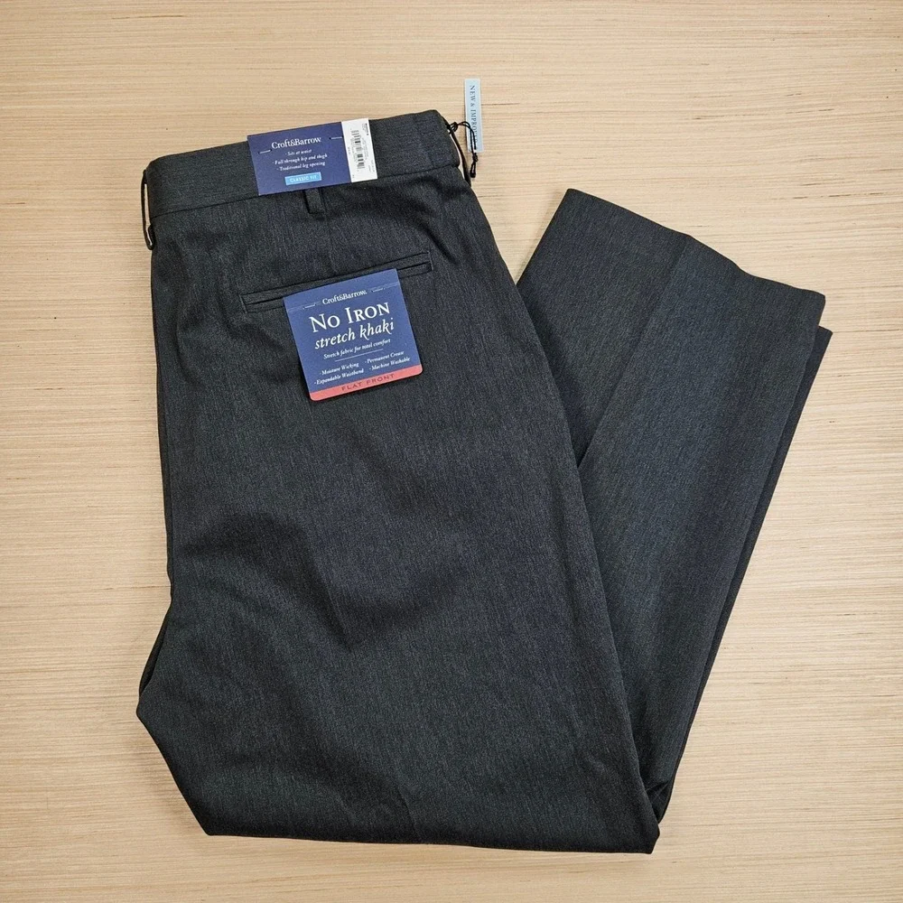 Croft & Barrow No Iron Stretch Khaki Mens 38x29 Charcoal Gray Flat Front NEW